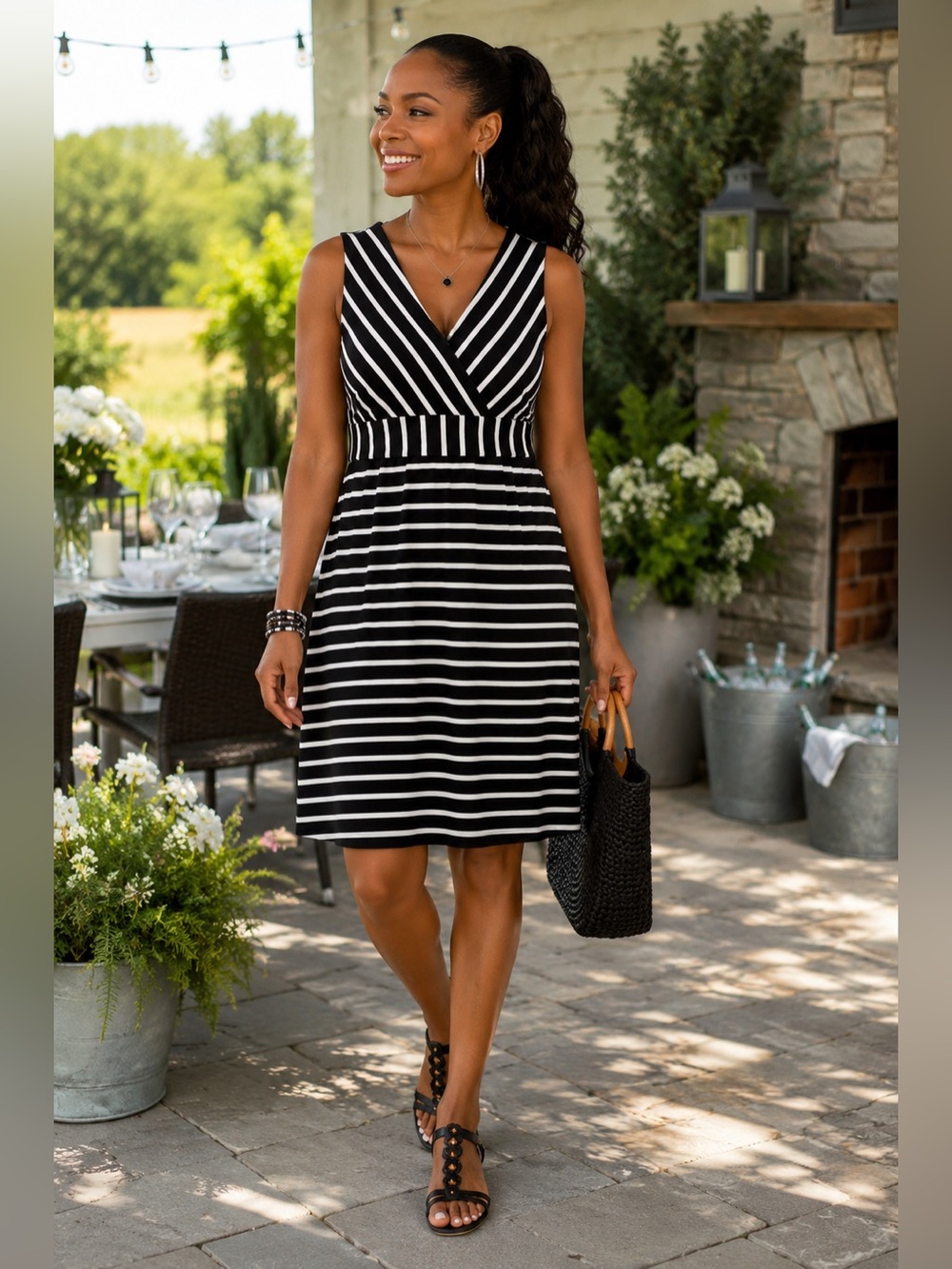 Ann Taylor Black & White Striped V-Neck Midi Dress